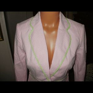 PINK AND WHITE SEERSUCKER BLAZER  green piping 4